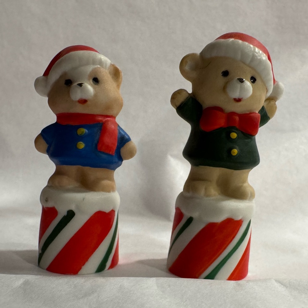 Pair of Vintage 80s Enesco Winter Holiday Bear Thimbles
